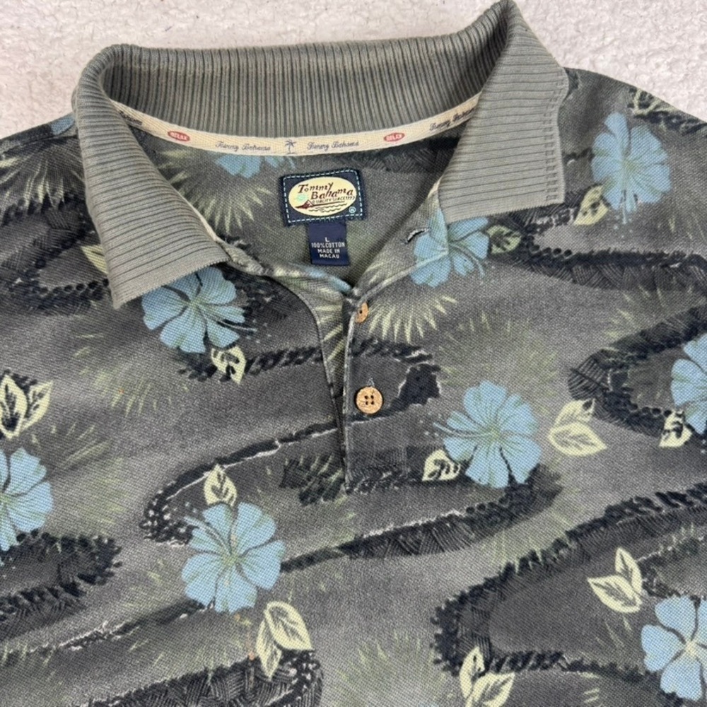 Vintage Tommy Bahama Mens Polo Shirt Tropical Floral Print Gray Size Large